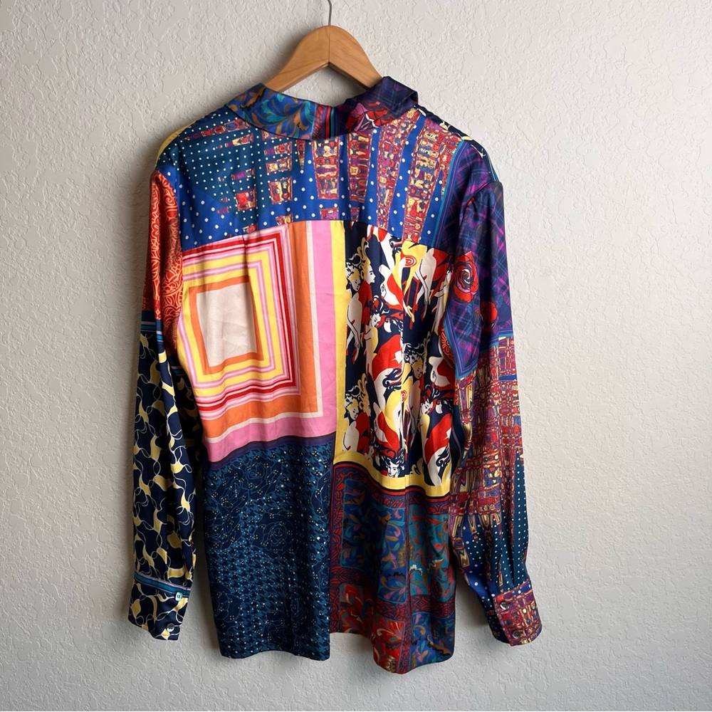 STAUD Martha Patchwork Satin Tunic Blouse L Colorblock Boho Top - Picture 11 of 13